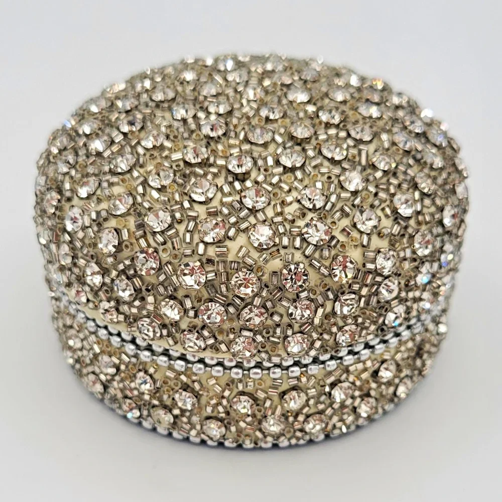 Silver Tone Round Rhinestone Crystal Beaded Trinket Box with Lid